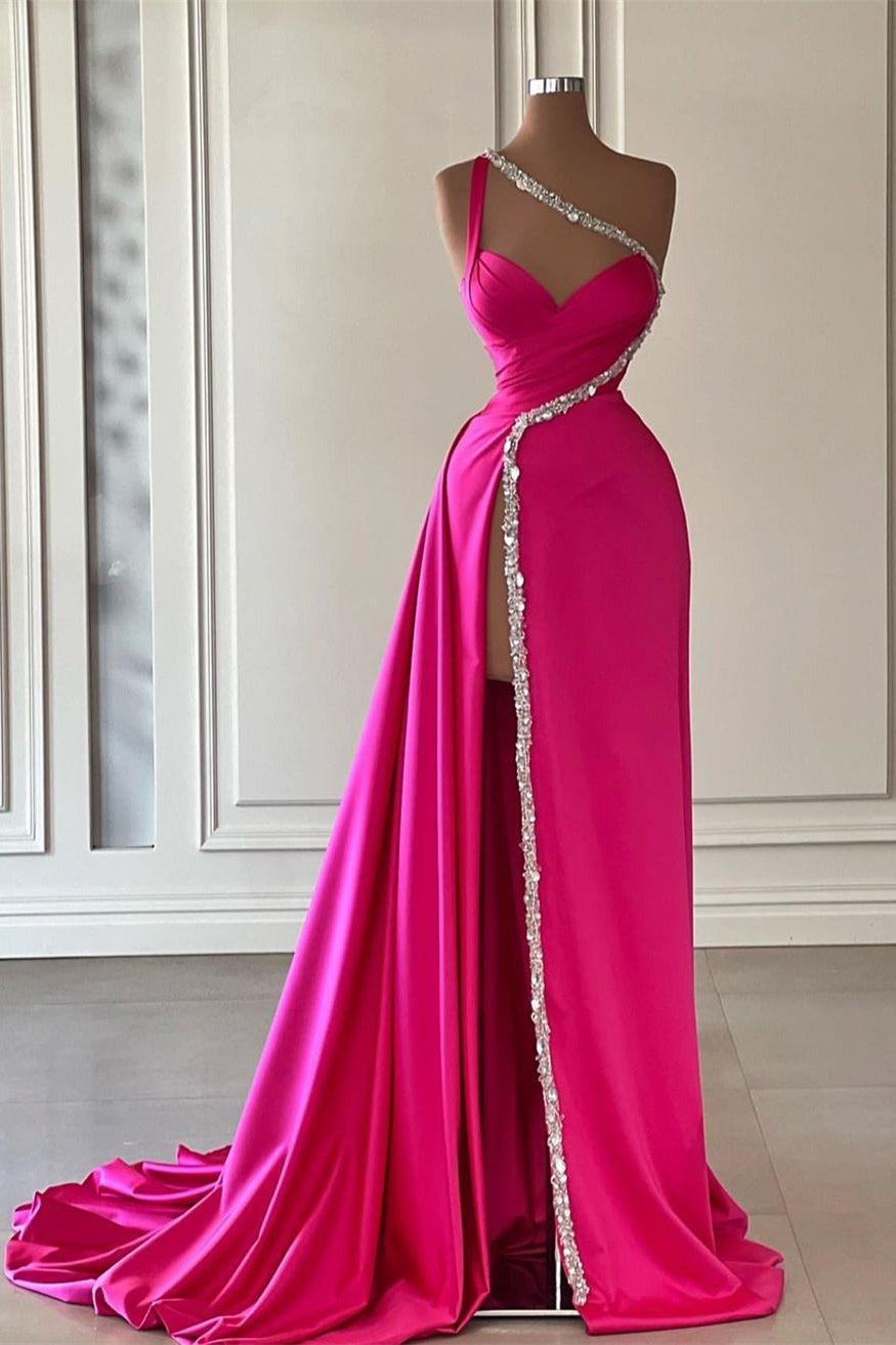 Elegant Long Fuchsia One-Shoulder Jewels Sleeveless Prom Dresses Long Slit Online