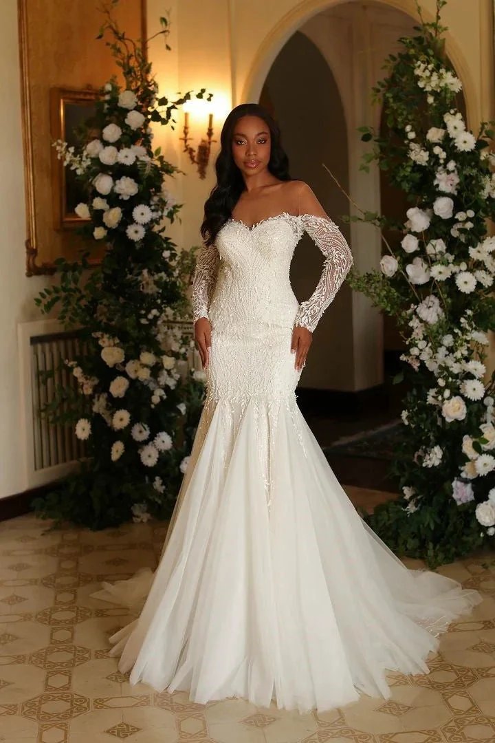 Elegant Long Ivory Mermaid Long Sleeves Lace Tulle Wedding Dress (ZD15660)