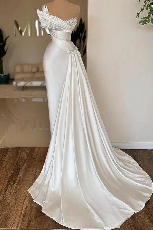 Elegant Long Ivory Strapless Satin Pleated Wedding Dress with Pearls (ZD16682)