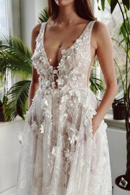 Elegant Long Ivory V-neck A-line Lace Wedding Dress With Glitter (ZD15569)