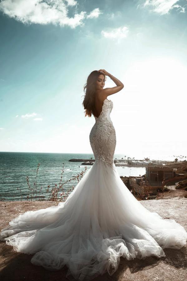 Elegant Long Meramid Sweetheart Backless Tulle Wedding Dress with Appliques Lace (ZD15200)