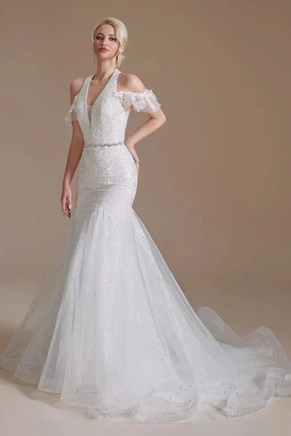 Elegant Long Mermaid Halter Tulle Floor-Length Wedding Dress with Appliques Lace (ZD14348)