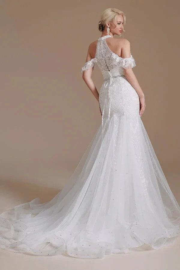 Elegant Long Mermaid Halter Tulle Floor-Length Wedding Dress with Appliques Lace (ZD14348)