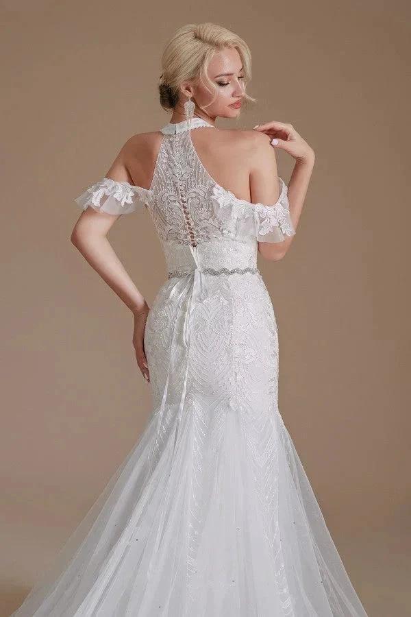 Elegant Long Mermaid Halter Tulle Floor-Length Wedding Dress with Appliques Lace (ZD14348)