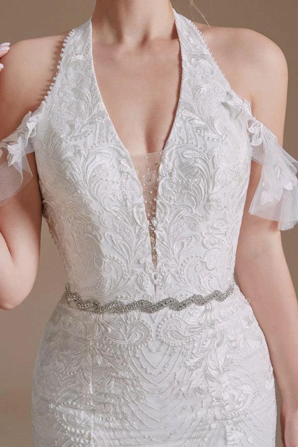 Elegant Long Mermaid Halter Tulle Floor-Length Wedding Dress with Appliques Lace (ZD14348)