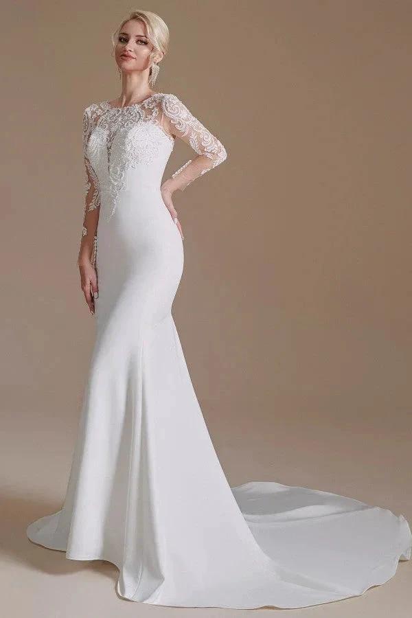 Elegant Long Mermaid Jewel Satin Lace Wedding Dress with Sleeves (ZD14350)