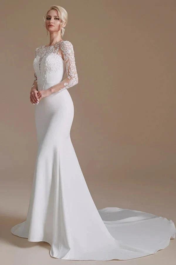 Elegant Long Mermaid Jewel Satin Lace Wedding Dress with Sleeves (ZD14350)