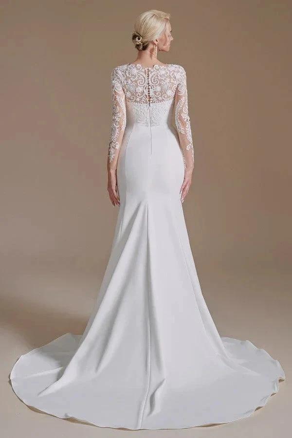 Elegant Long Mermaid Jewel Satin Lace Wedding Dress with Sleeves (ZD14350)