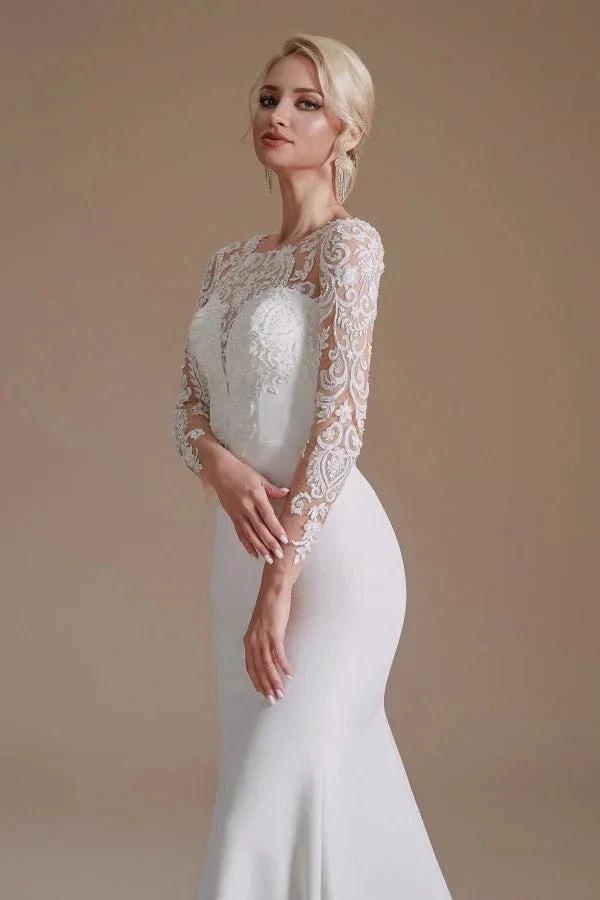 Elegant Long Mermaid Jewel Satin Lace Wedding Dress with Sleeves (ZD14350)