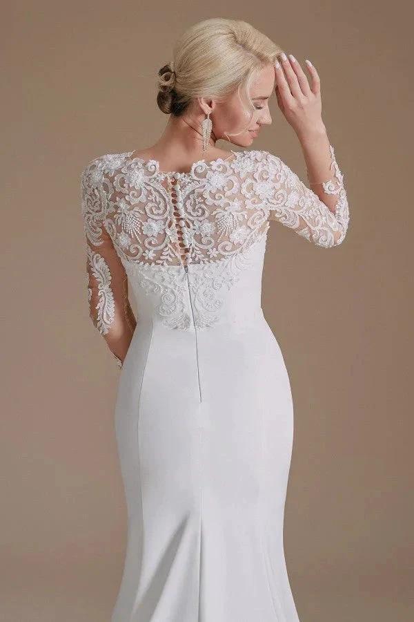 Elegant Long Mermaid Jewel Satin Lace Wedding Dress with Sleeves (ZD14350)