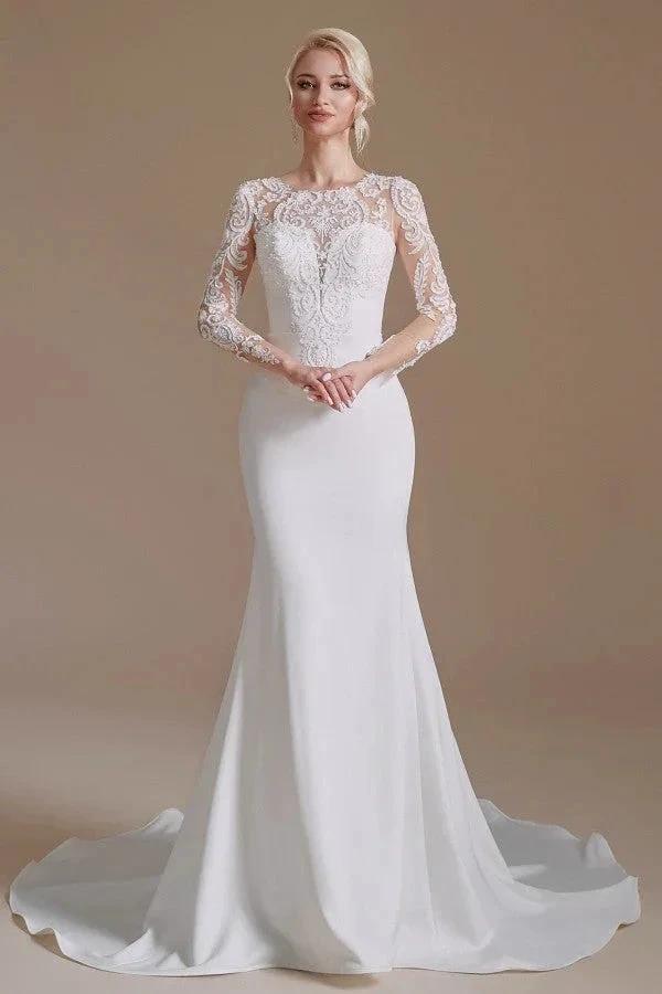 Elegant Long Mermaid Jewel Satin Lace Wedding Dress with Sleeves (ZD14350)