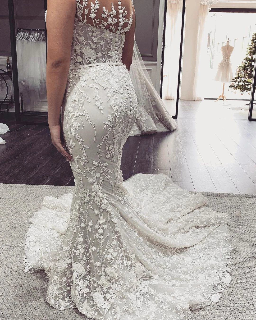 Elegant Long Mermaid Off-the-Shoulder Appliques Lace Backless Wedding Dress (ZD15049)