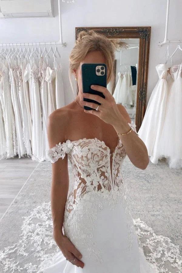 Elegant Long Mermaid Off-The-Shoulder Lace Wedding Dresses with Chapel Train (ZD16696)