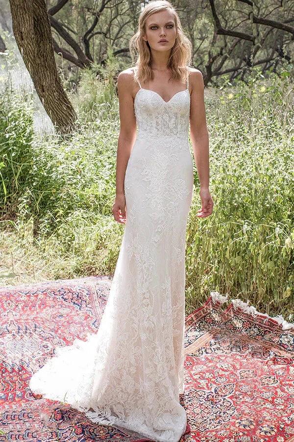 Elegant Long Mermaid Spaghetti Strap Lace Backless Wedding Dress (ZD14368)