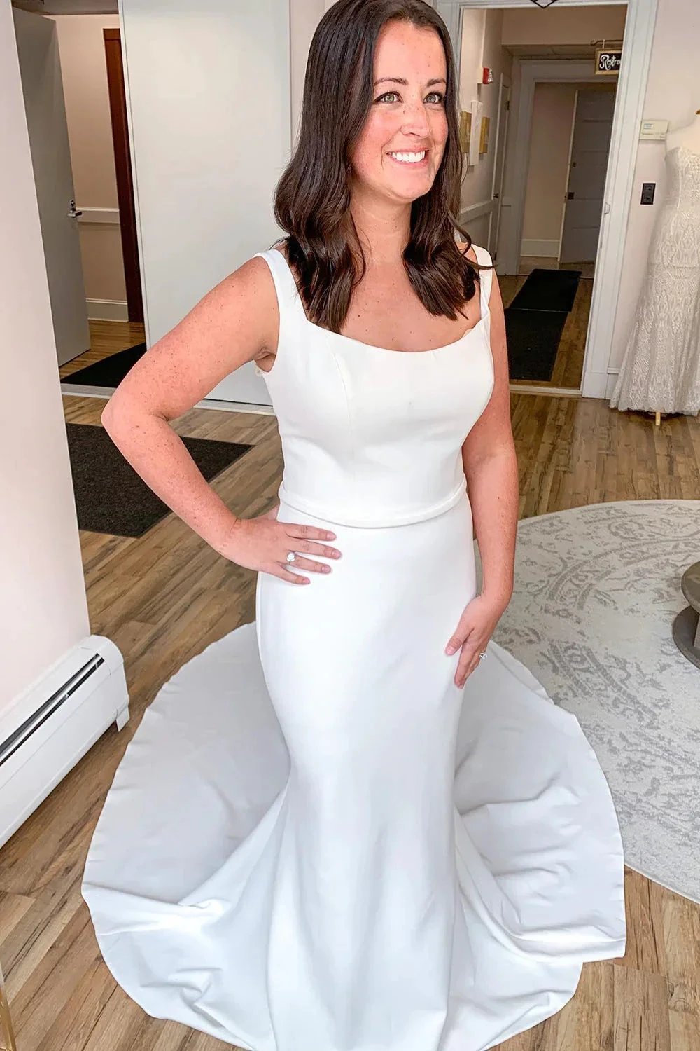 Elegant Long Mermaid Spaghetti Straps Satin Open Back Wedding Dress (ZD14305)