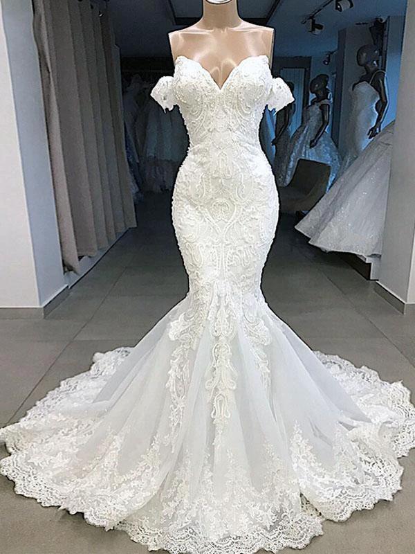 Elegant Long Mermaid Sweetheart Lace Wedding Dresses with Sleeves (ZD15870)