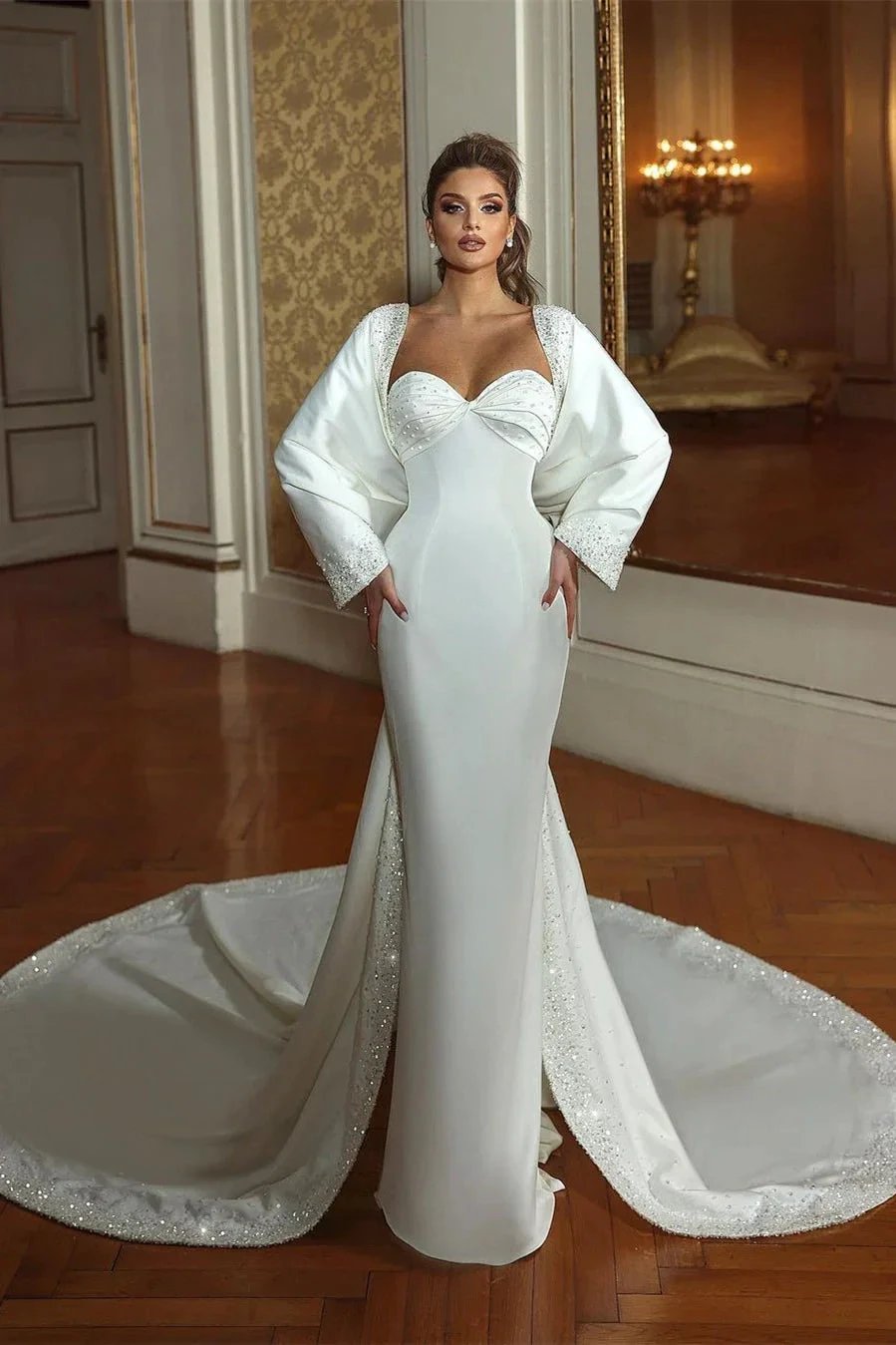 Elegant Long Mermaid Sweetheart Long Sleeves Beading Wedding Dress With Train (ZD14807)