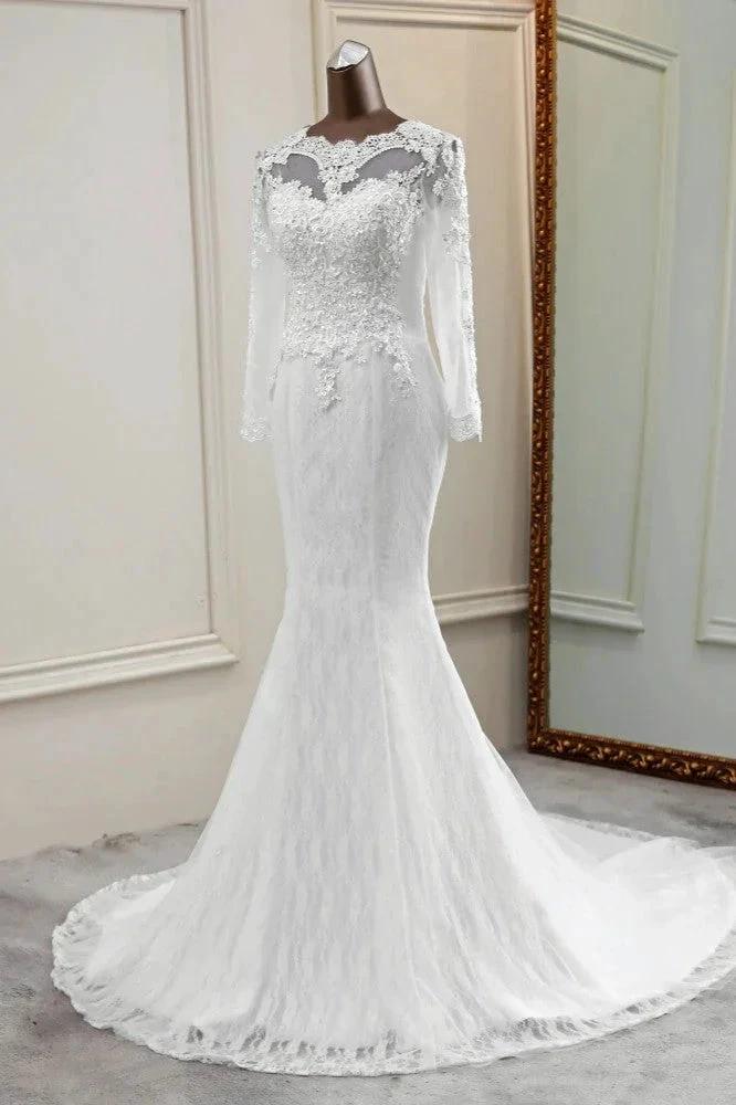 Elegant Long Mermaid Tulle Jewel Wedding Dress with Sleeves (ZD15156)