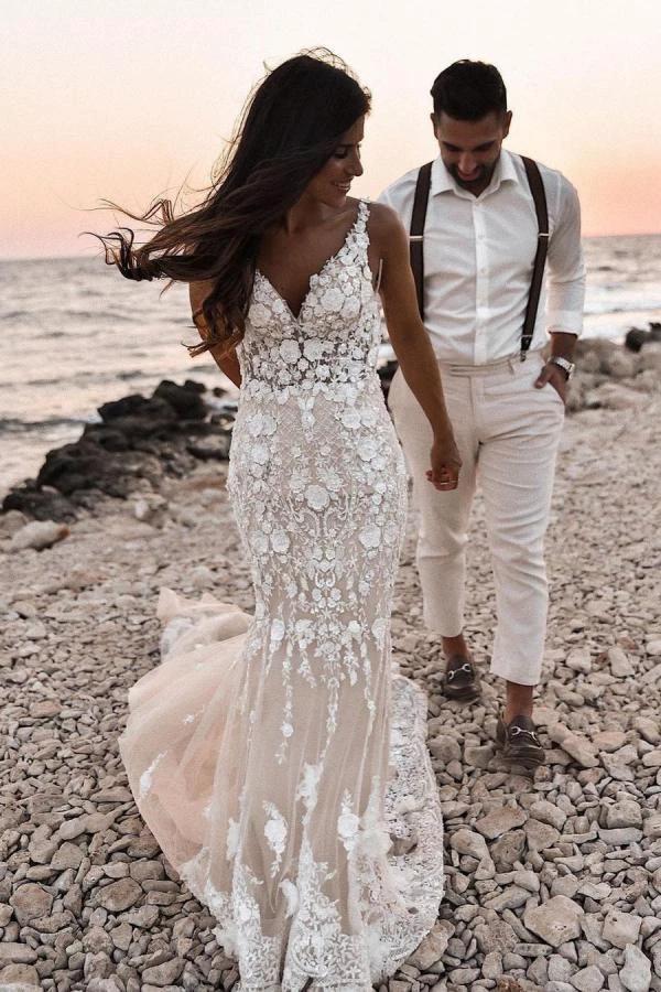 Elegant Long Mermaid V-neck Floral Lace Backless Wedding Dress (ZD15033)