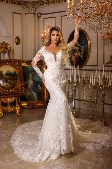 Elegant Long Mermaid V-neck Lace Wedding Dresses With Long Sleeves (ZD16518)