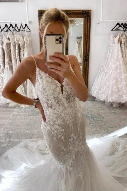 Elegant Long Mermaid V-neck Sleeveless Wedding Dresses With Lace (ZD16526)