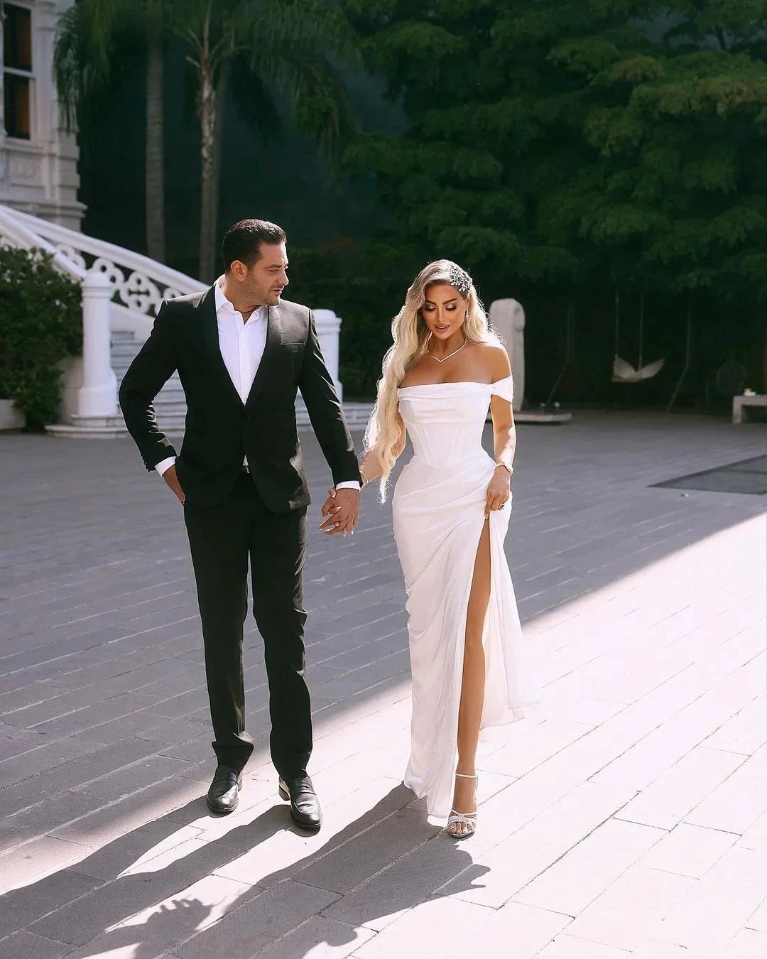Elegant Long Off-the-shoulder Satin Wedding Dress With Slit (ZD16439)