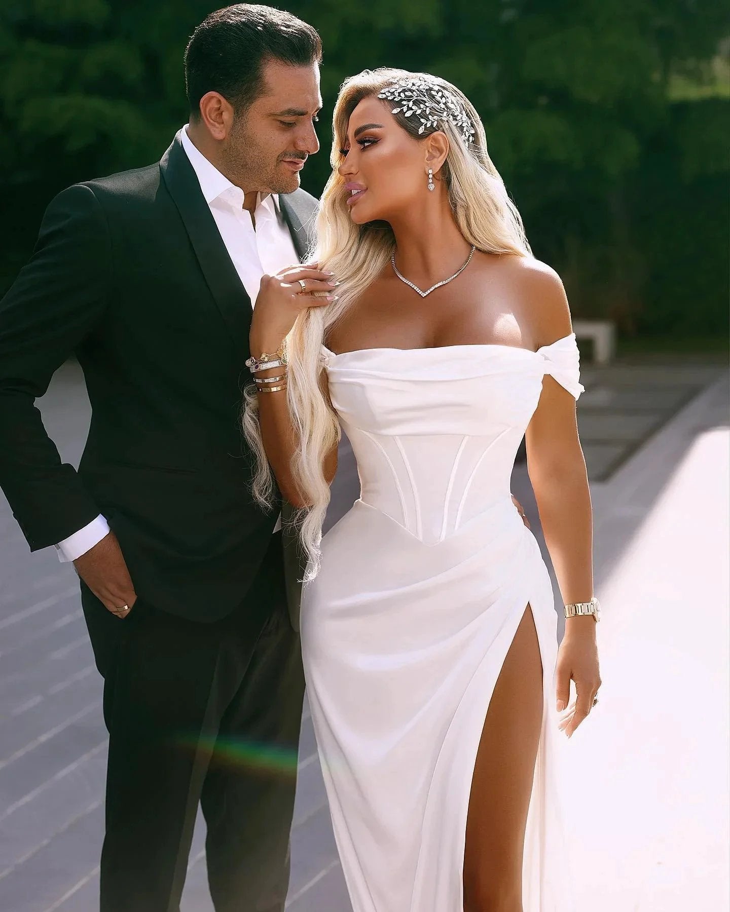 Elegant Long Off-the-shoulder Satin Wedding Dress With Slit (ZD16439)