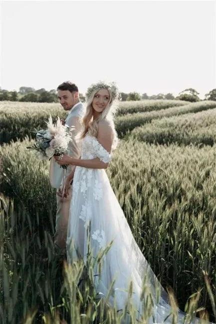 Elegant Long Off-the-Shoulder Tulle Floral Lace Wedding Dress (ZD14627)