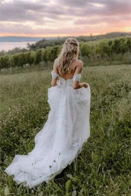 Elegant Long Off-the-Shoulder Tulle Floral Lace Wedding Dress (ZD14627)