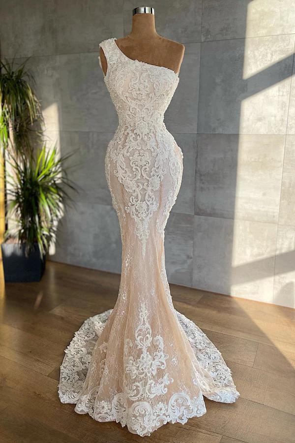 Elegant Long One Shoulder Appliques Lace Mermaid Wedding Dress (ZD14331)