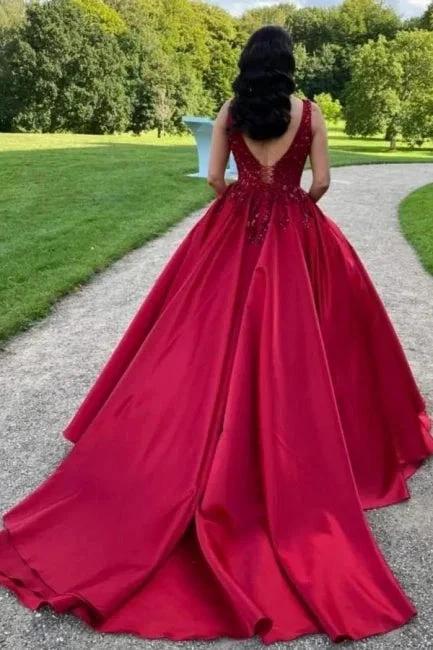 Elegant Long Red A-line Sleeveless Satin Weeding Dress With Lace (ZD14497)