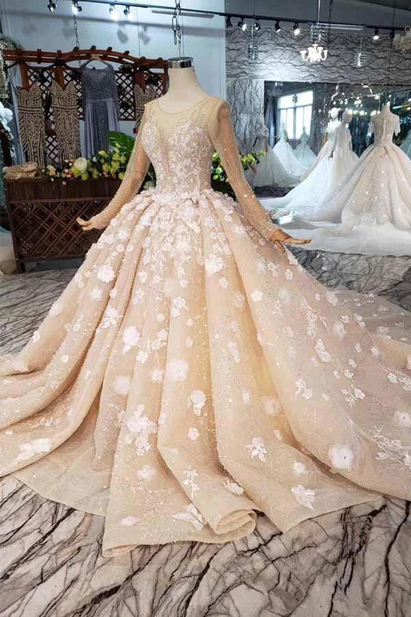 Elegant Long Sleeves Ball Gown Beading Wedding Dress With Flowers (ZD15356)