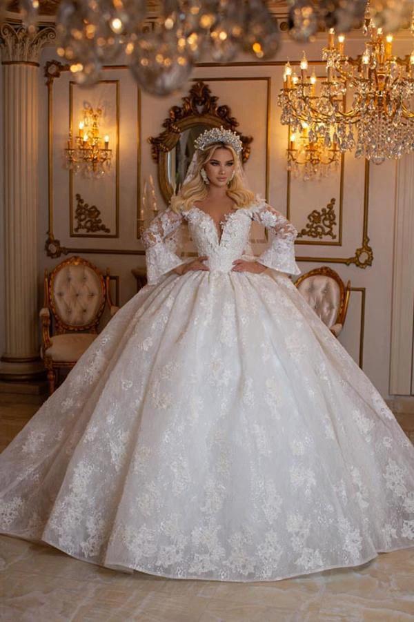 Elegant Long Sleeves Ball Gown V-Neck Sweetheart Wedding Dress with Appliques Lace (ZD16752) - VelvetHem