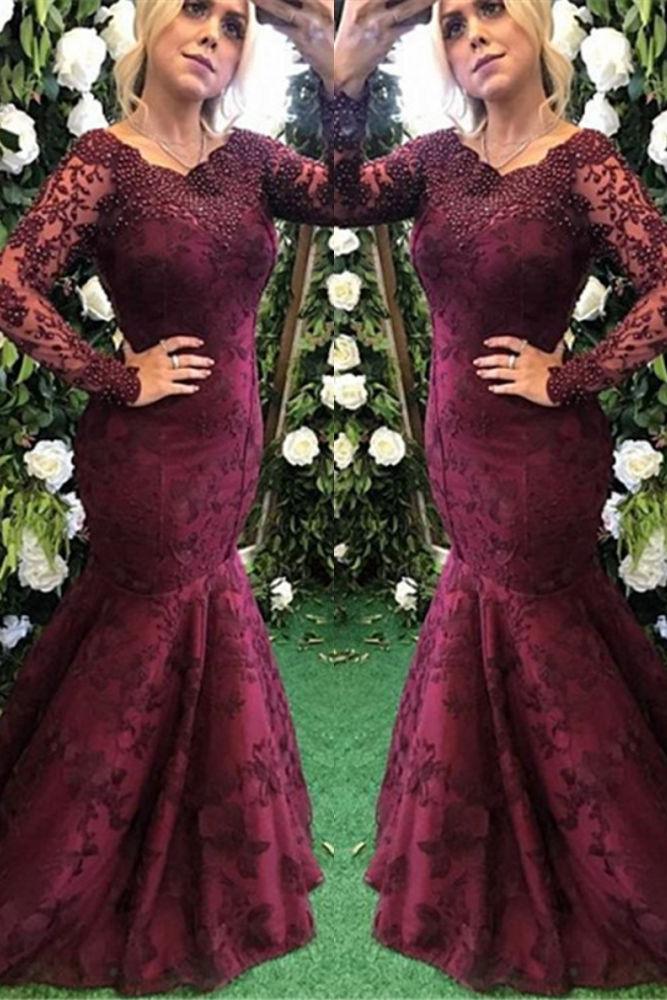 Elegant Long Sleeves Burgundy Evening Dress Mermaid Lace Appliques