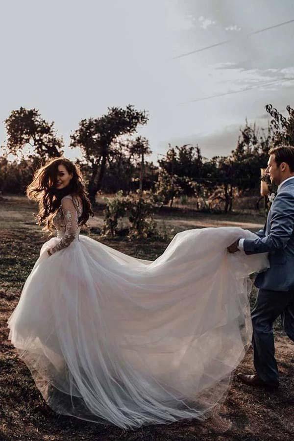 Elegant Long Sleeves Tulle Wedding Dresses Bridal Gowns With Lace Applique (ZD15348)