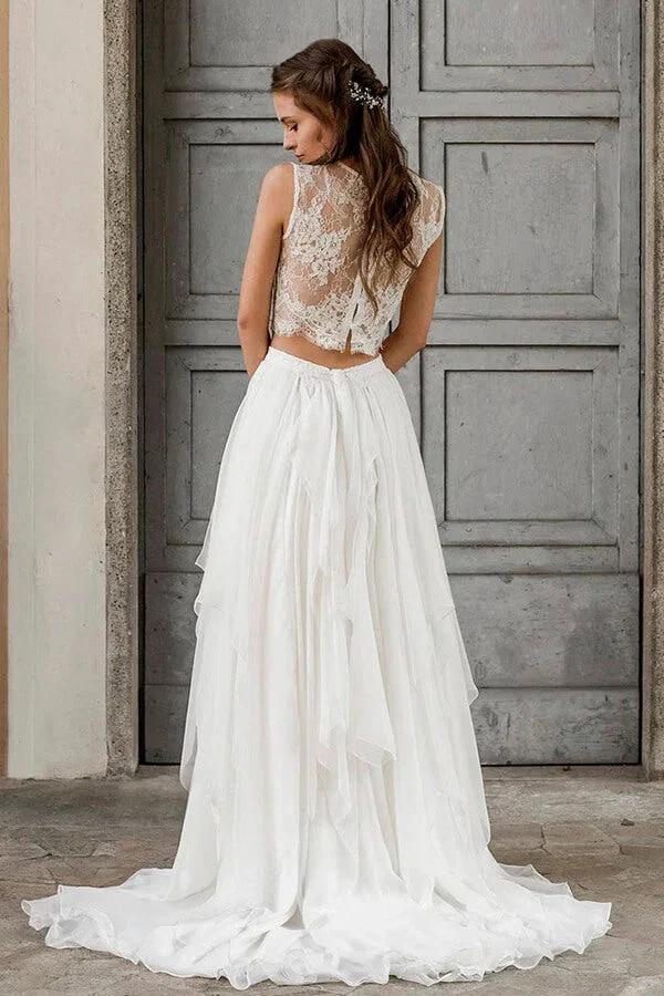 Elegant Long Two Piece A-line Lace Chiffon Wedding Dress (ZD14365)