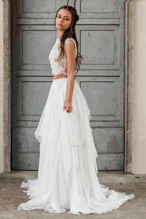 Elegant Long Two Piece A-line Lace Chiffon Wedding Dress (ZD14365)