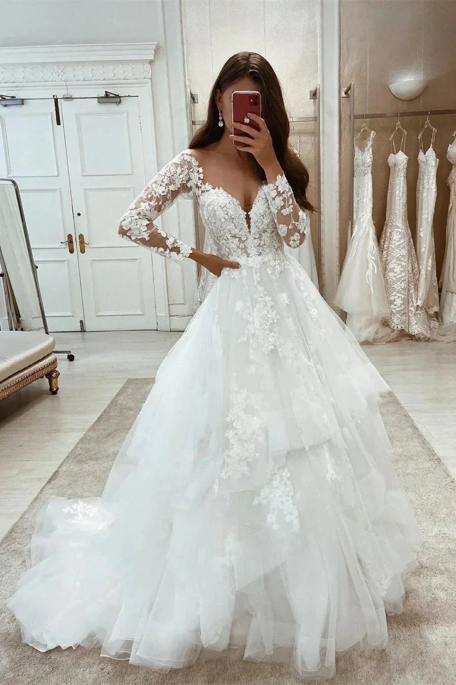 Elegant Long White A-line Appliques Long Sleeves Wedding Dress With Lace (ZD16536)
