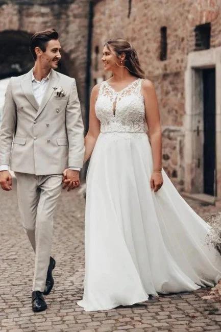 Elegant Long White A-line Lace Chiffon Sleeveless Backless Wedding Dress (ZD16620)