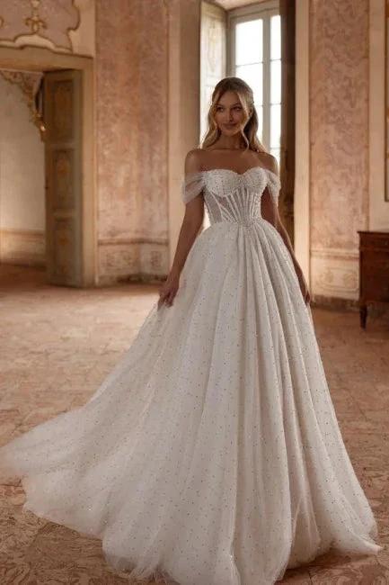 Elegant Long White A-line Off-the-shoulder Tulle Rhinestones Pearls Wedding Dress (ZD16647)