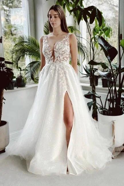 Elegant Long White A-line V-neck Lace Glitter Backless Wedding Dress with Slit (ZD15564)