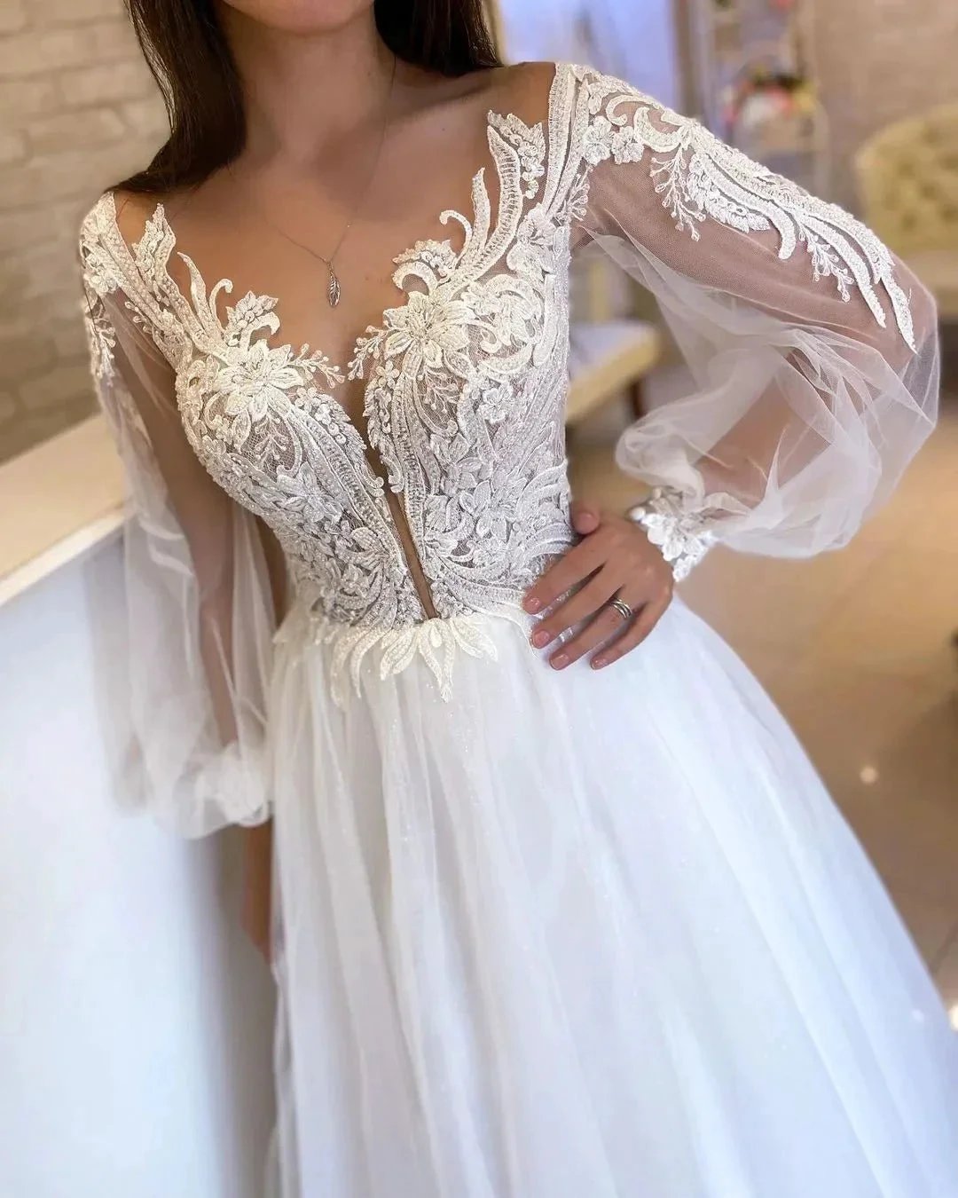 Elegant Long White A-line V-neck Tulle Long Sleeves Wedding Dress With Lace (ZD14811) - View 2 | VelvetHem