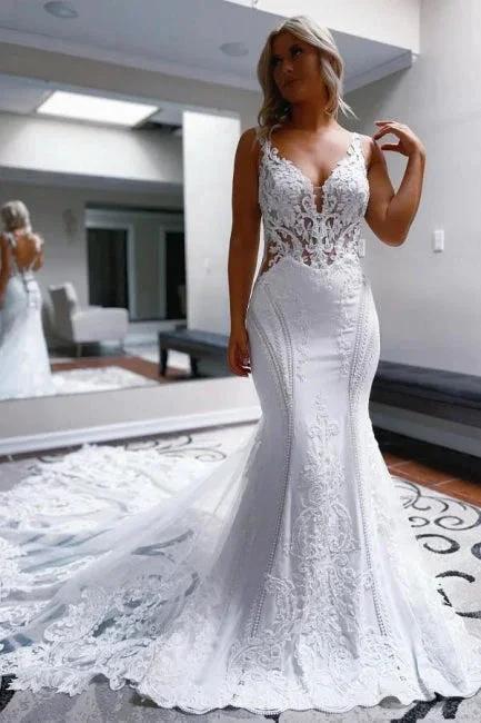 Elegant Long White Mermaid Straps V-neck Backless Wedding Dress with Lace (ZD15598)