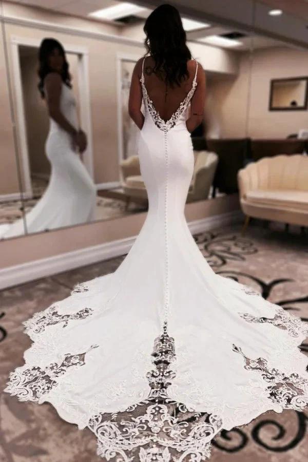 Elegant Long White Mermaid V-neck Spaghetti Straps Backless Wedding Dress with Lace (ZD15508)