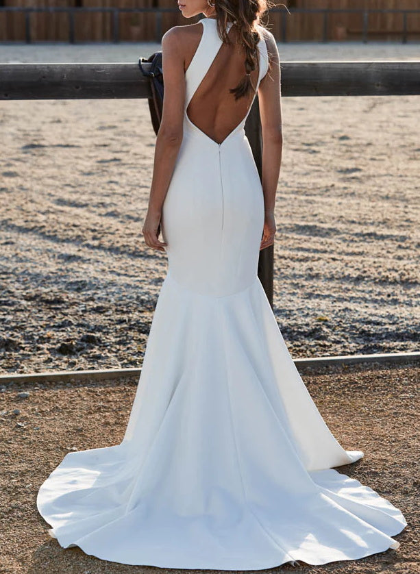 Elegant Mermaid Fitted Back Hole Wedding Dresses in Elastic Satin