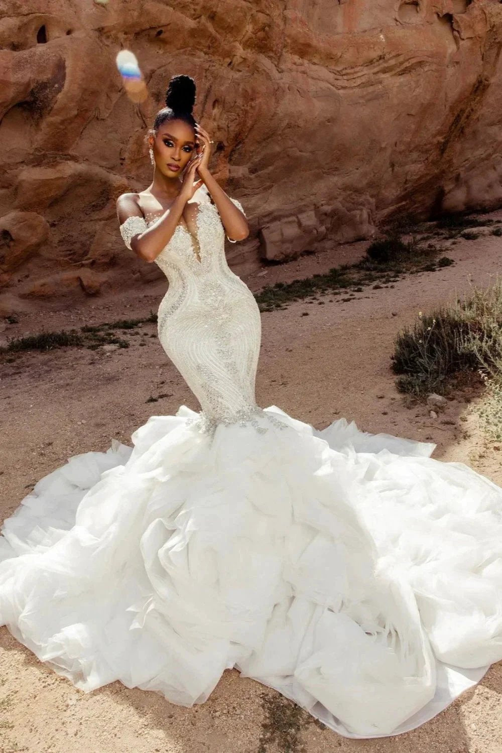Elegant Mermaid Lace Off-The-Shoulder Sleeveless White Wedding Dresses With Beading (ZD15532)