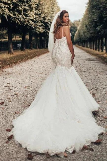 Elegant Mermaid Spaghetti Straps Backless Wedding Dresses With Lace (ZD14498)
