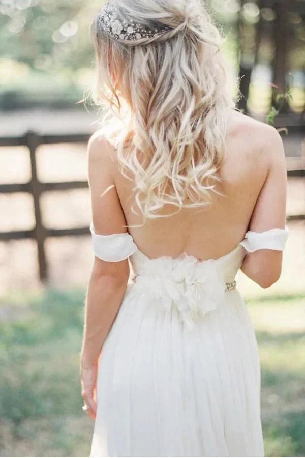 Elegant Off-shoulder Beading Sash Long Chiffon Wedding Dress (ZD16378)