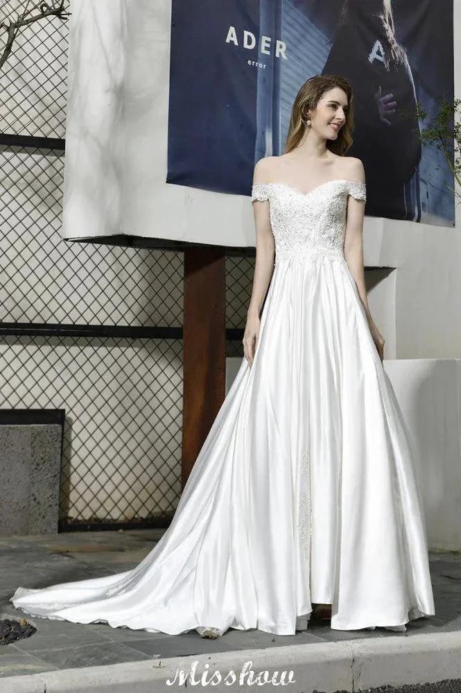 Elegant Off Shoulder Satin Floor Length Bridal Gown Sweetheart Floral Lace Aline Wedding Dress (ZD13962)