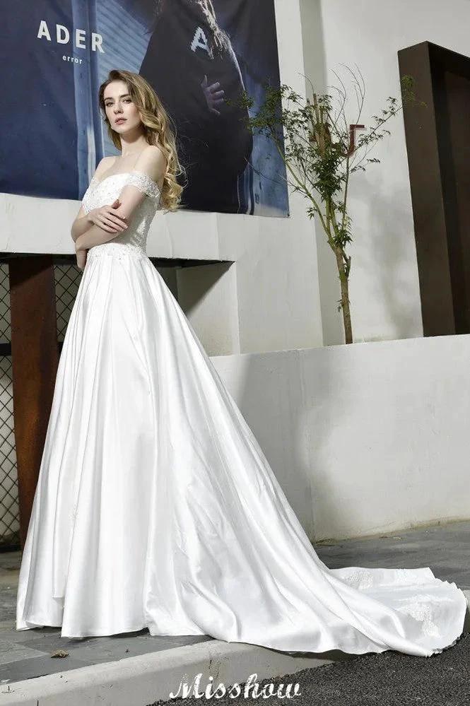 Elegant Off Shoulder Satin Floor Length Bridal Gown Sweetheart Floral Lace Aline Wedding Dress (ZD13962)